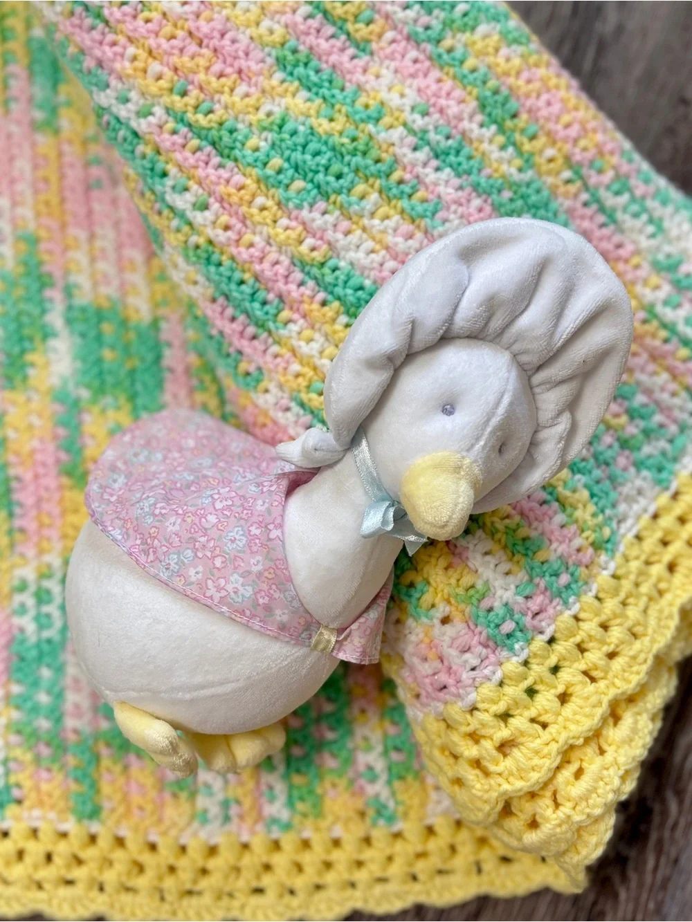 Handmade Crochet Baby Blanket and Eden Duck Plush Set Pastel Baby Shower Nursery